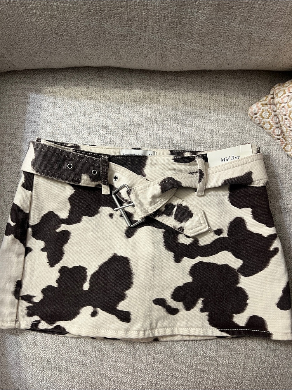 Abercrombie & Fitch Black and Cream Cow Print Mini Skirt with Belt